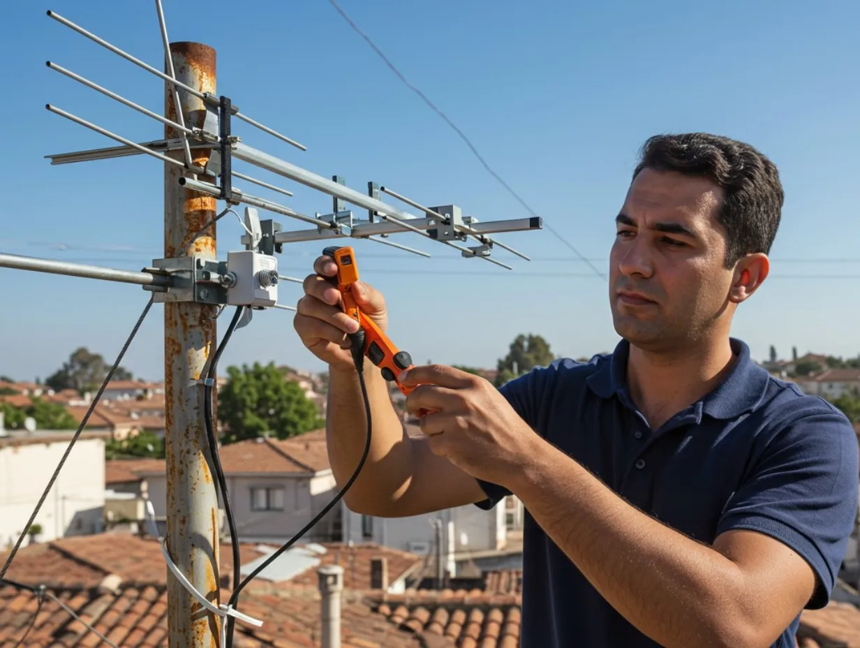 A dark blue polo tshirt wearing technician upgrading an old antenna to a modern digital antenna.