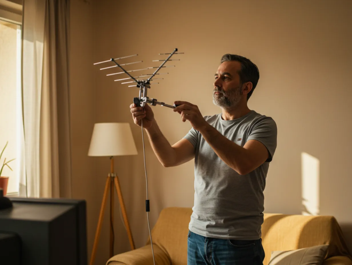 A person adjusting the position of an indoor TV antenna to improve signal strength.