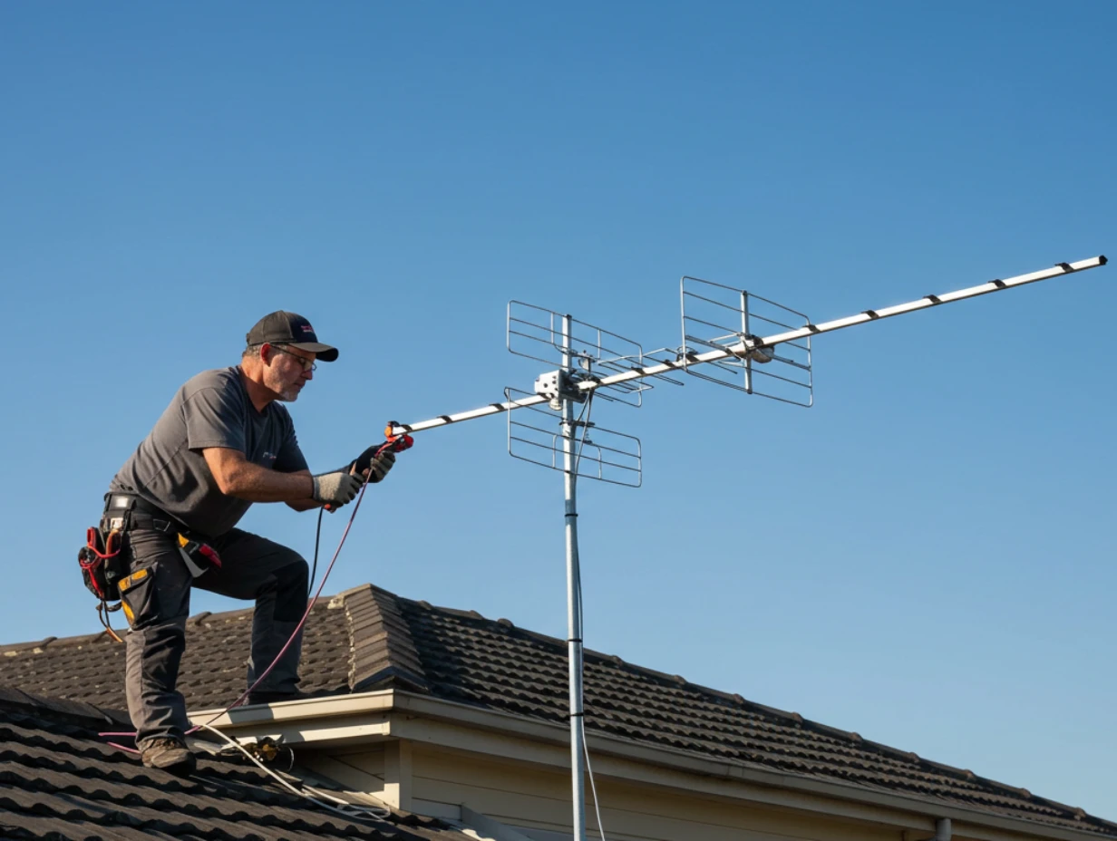 A person installing an outdoor TV antenna on a roof.